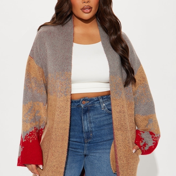 Fashion Nova Long Colorblock Open-Front Cardigan - Red, Gray, Tan - Picture 3 of 4